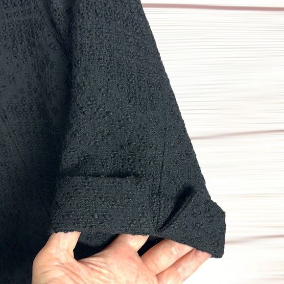 Eileen Fisher Textured Black Wool Swing Coat Silk Lined 3/4 Sleeve Band Collar S - Picture 7 of 13
